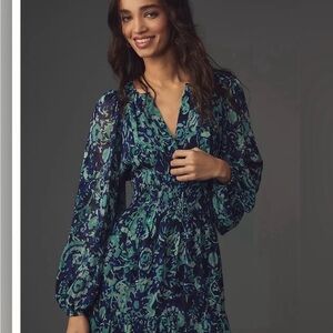 Anthropologie Long- Sleeve Somerset Mini Dress Blue Motif Size Large